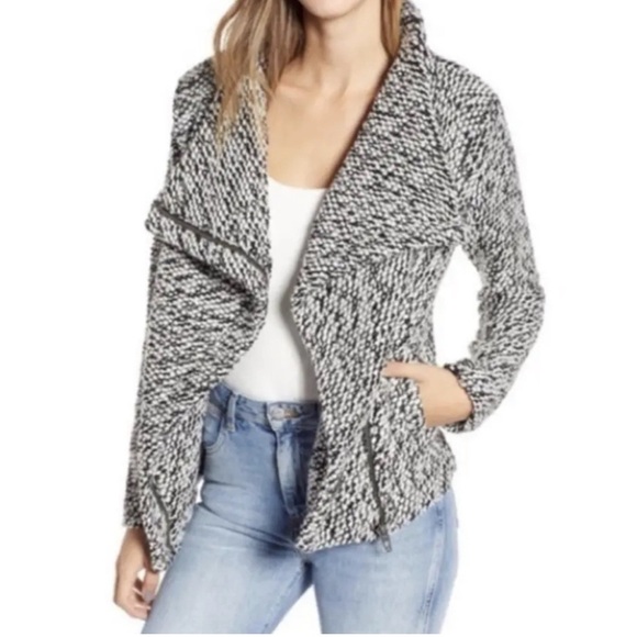 BLANK NYC Black + White "Friend Zone" Knit Wool-Blend Moto Jacket NWT Size Large - Picture 1 of 7